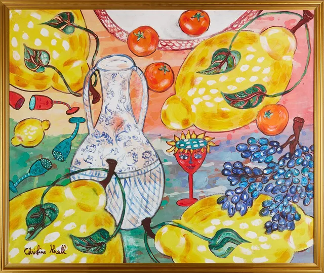 CHRISTINA KNALL (FÖDD 1947). "Fruit cocktail", textil målning, olja på duk, 1/25, alla exemplar målade med variationer.