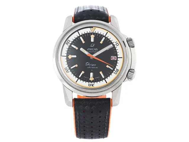 ENICAR, Sherpa Ultradive (Swiss T Made), "Compressor Case", Cal AR 1145, Serie nr. 725232, Boett nr. 144/35/03, herrur, 40 mm, stål, automatisk, plexiglas, datum, vridbar innerring, läderband, ca 1966.