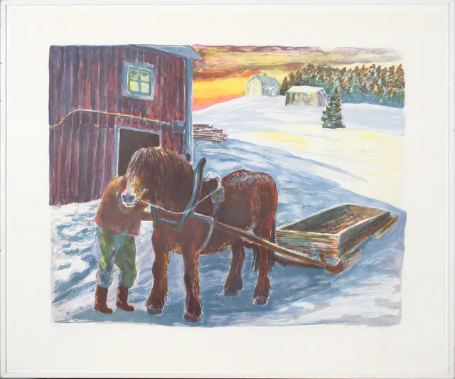JOHAN LUNDGREN. Häst med släde, litografi, signerad och numrerad 309/325.