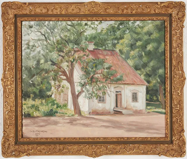 GUSTAF MAGNUSSON. Stuga, olja på pannå, signerad, 1935.