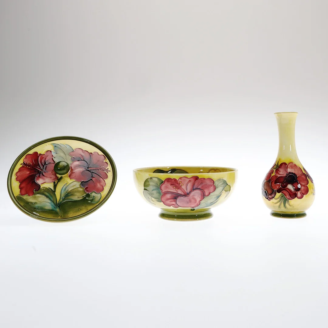 2 WALTER MOORCROFT HIBISCUS PATTERN PIECES, AND A LATER HIBISCUS PATTERN PIECE. — European — Young's Auctions