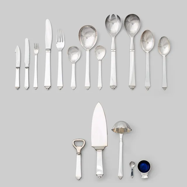 Harald Nielsen, bestickuppsättning, 61 delar "Pyramid", Georg Jensen, Köpenhamn, ca 1927-1977, 830/1000, sterling och rostfritt stål.