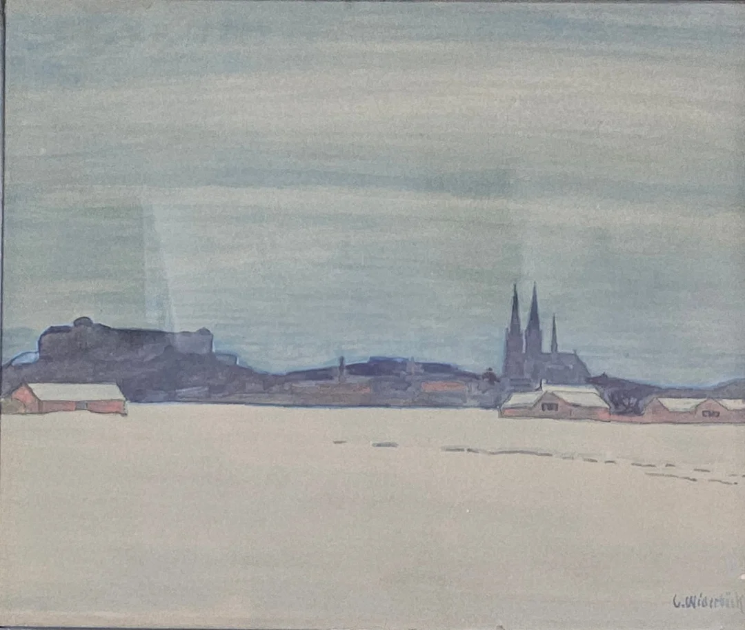 GUSTEN WIDERBÄCK. Landskap med Uppsalas slott och domkyrka. Gouache, signerad G. Widerbäck. — Paintings — Auktionshuset Thörner & Ek