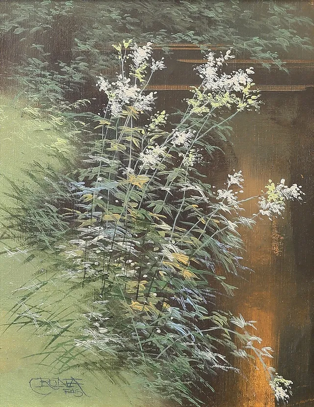 LARS CRONA. (1930-1991), "Älggräs", olja på pannå, signerad.