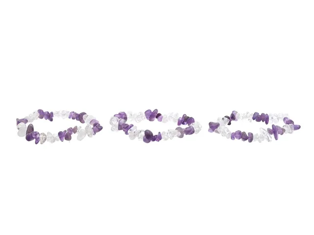 3 ARMBAND, ametist, bergkristall, elastiska, vikt 41,4 g.