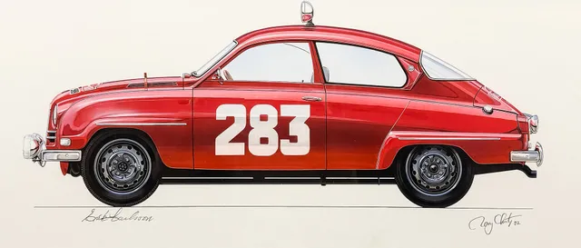 RONY LUTZ. SAAB 96. ORIGINAL ILLUSTRATION UR BOKEN "MR SAAB". Original.