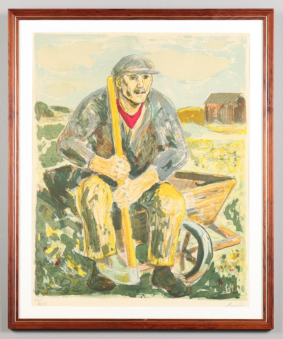 ALBIN AMELIN. Lantarbetare.Färglitografi 68/250. — Engravings & Prints — Karlstad Hammarö Auktionsverk