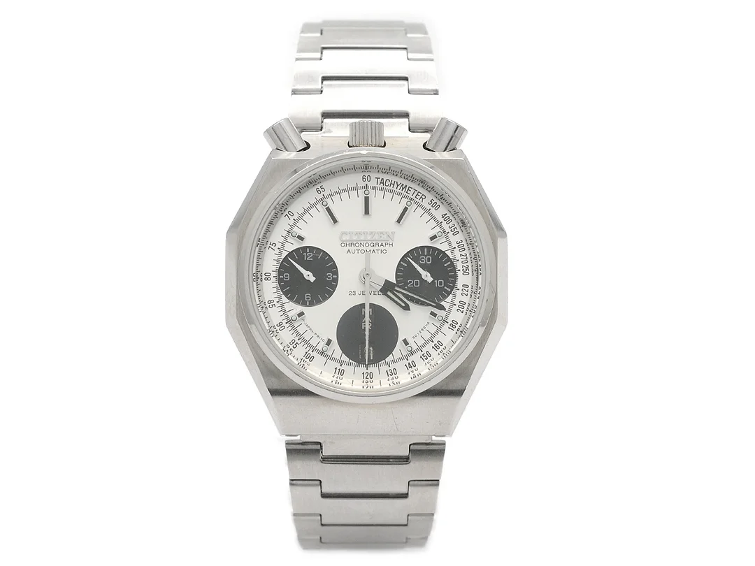 CITIZEN, "Bullhead", "Tachymeter", Cal 8110A, Serie nr. 1121261, Boett nr. 4-901223-TA, kronograf, herrur, 38,5 x 41 mm, stål, automatisk, plexiglas, dag, datum, skadad urtavla, defekt, originallänk, viklås, ca 1971. — Klockor/Citizen — Kaplans