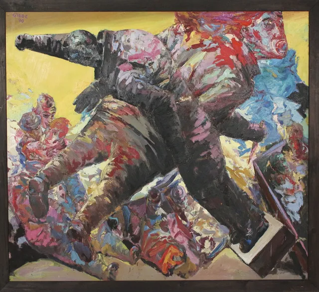 HUBERTUS GIEBE (bk). 'Die gekreuzten Männer', 1990, Öl auf Platte, signiert.