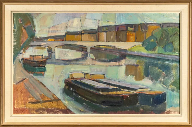 RUNE LUNDMARK. Olja på duk, Båthamn, Signerad 1900-tal.