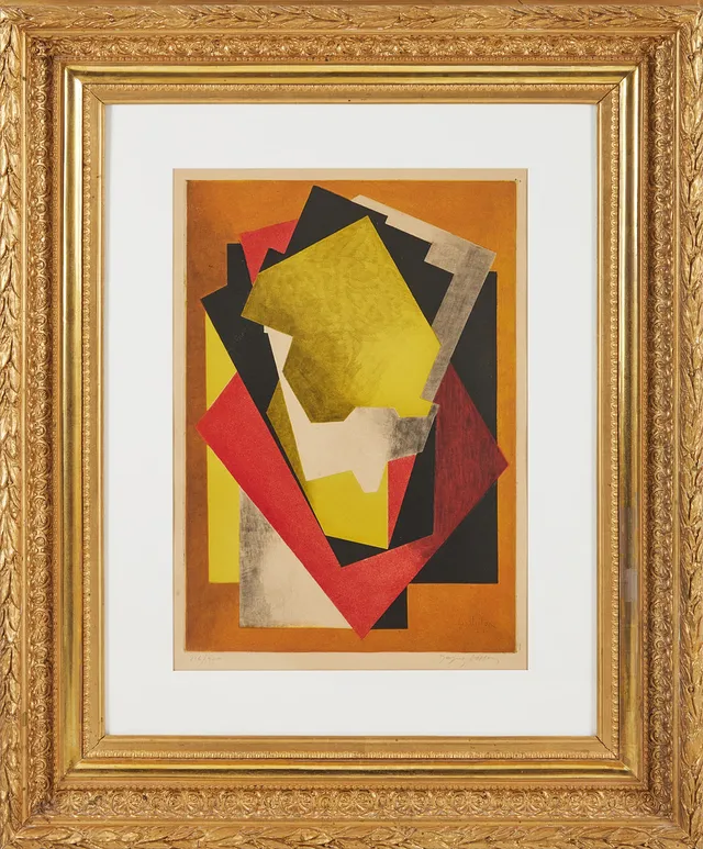 JACQUES VILLON. "Composition", färgakvatint efter målning av Villon från 1928, utgiven av Bernheim Jeune, Paris.