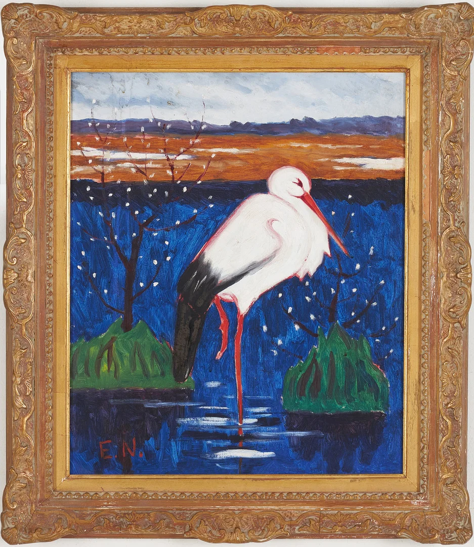 ERNST NORLIND. Stork, olja på pannå, monogramsignerad E.N. — Paintings — Stockholms Auktionsverk Sickla