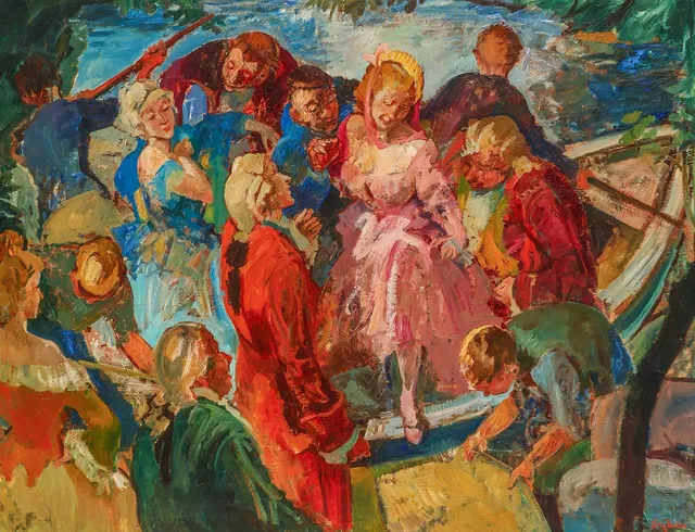 LUDVIG JACOBSEN (1890-1957). Motiv fra Fredmans epistel nr. 33, olie på lærred, signeret.