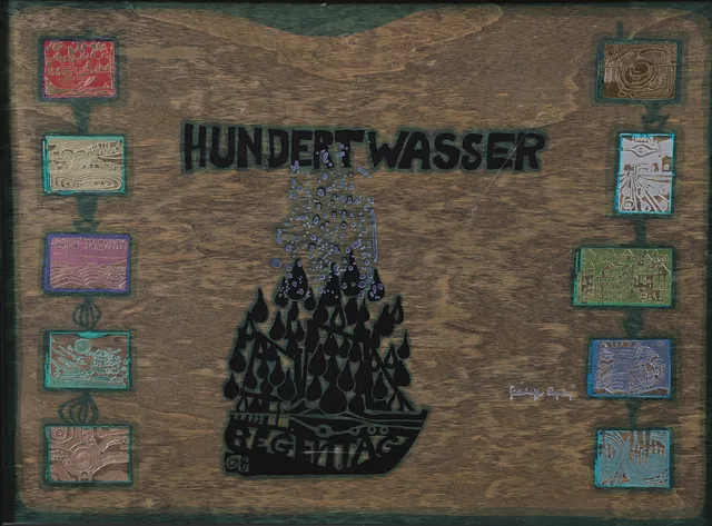 FRIEDENSREICH HUNDERTWASSER. Mappomslag, trä, signerad och numrerad.