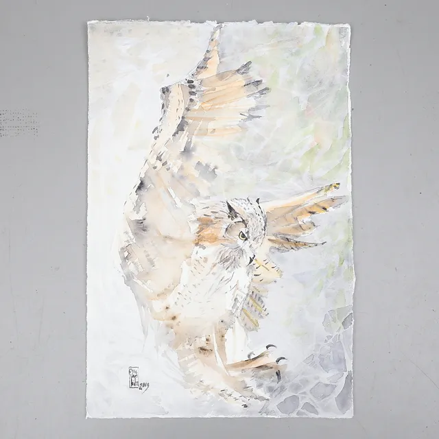 LEILA VAN DYKE. "Berguv i jakt", akvarell, signerad samt daterad 2019.