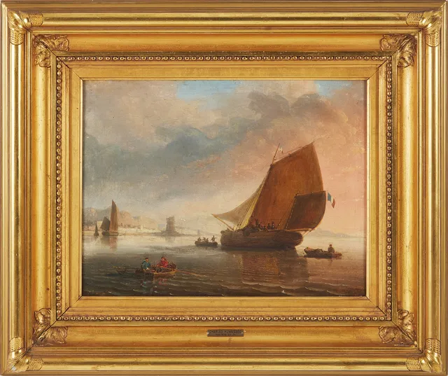 CHARLES EUPHRASIE KUWASSEG (FRA 1833/38-1904). Kustmotiv med segelbåtar, olja på duk, signerad.