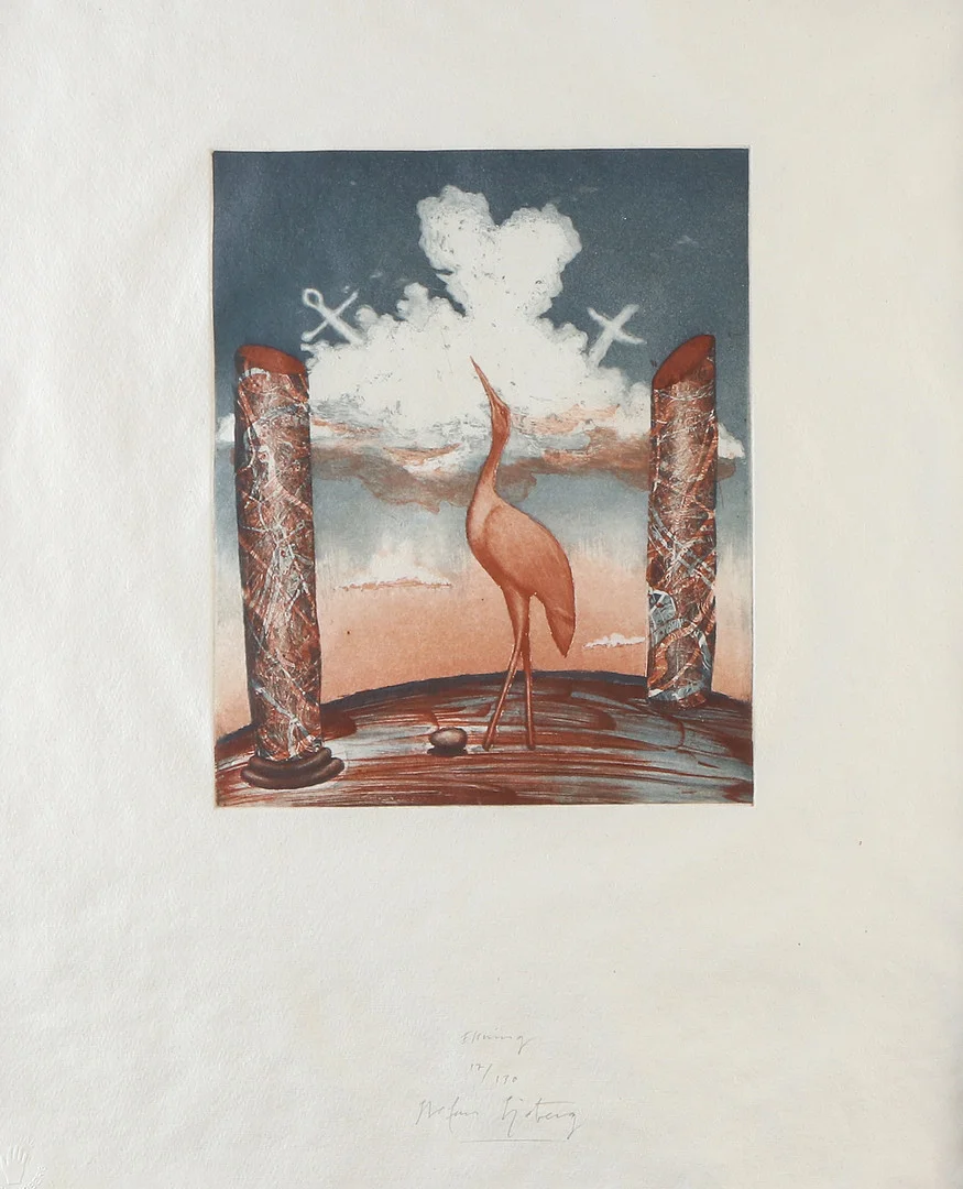 STEFAN SJÖBERG. Etsning, 17/130. Komposition med fågel mellan pelare. Signerad. — Engravings & Prints — Skånes Auktionsverk
