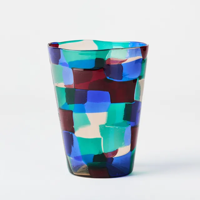 FULVIO BIANCONI. "Pezzato", vase, Venini, decorated with fused squares in red, green, blue and yellow.