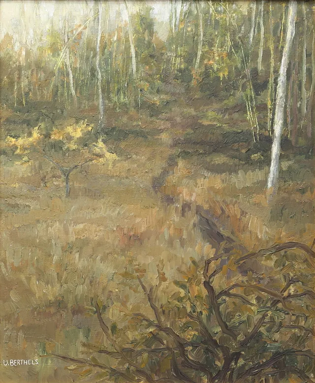 ULLA BERTHELS. Olja på duk, skogsparti, signerad.