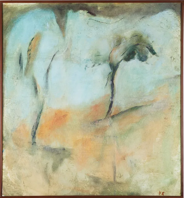 KRISTINA ERIKSSON (FÖDD 1948). abstrakt figurscen, olja på duk, monogramsignerad K.E samt signerad a tergo Kristina Eriksson.
