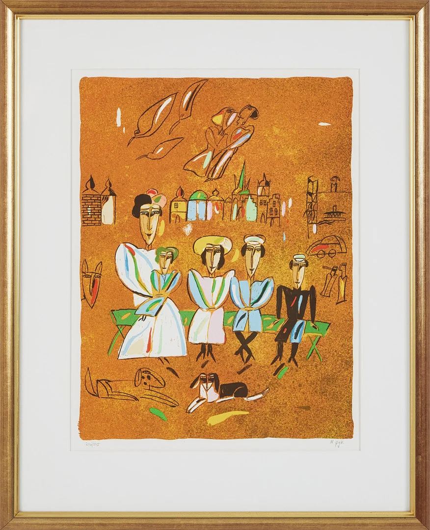 MADELEINE PYK. Figurkomposition, signerad och numrerad, färglitografi. — Engravings & Prints — Stockholms Auktionsverk Magasin 5