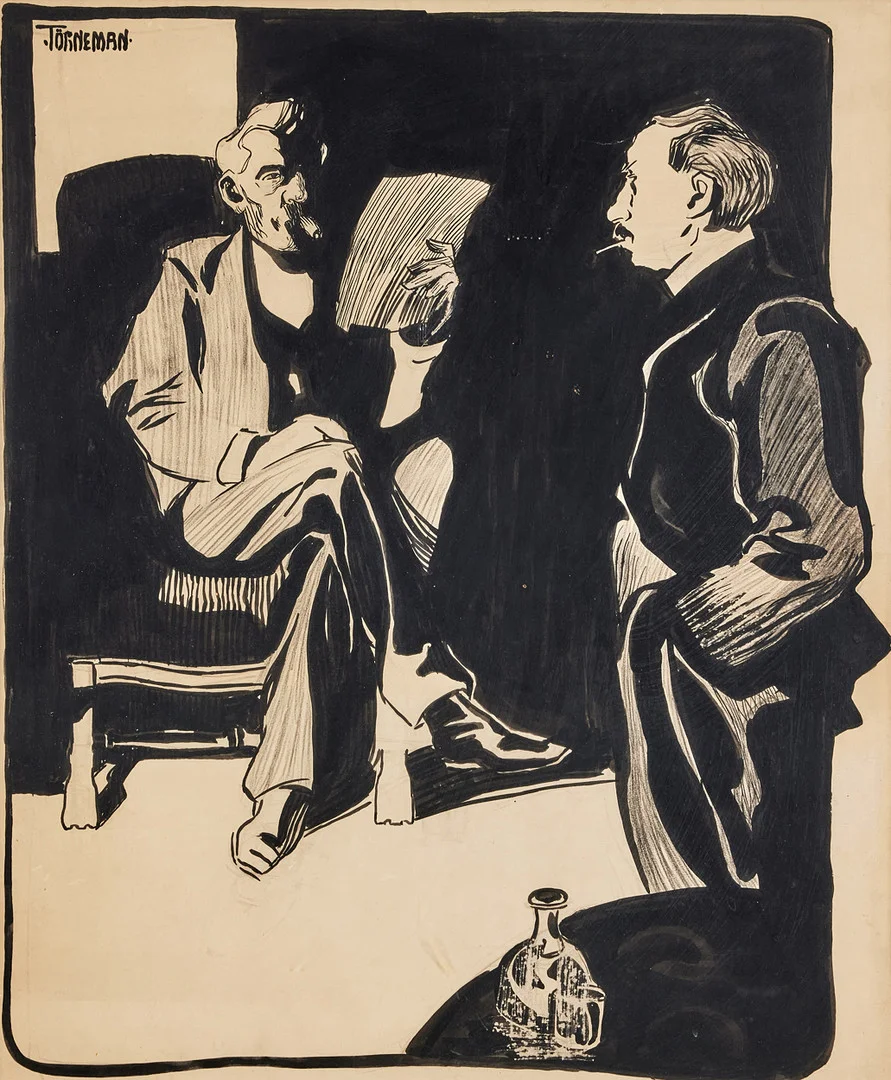 AXEL TÖRNEMAN (1880-1925). Rökande gentlemen, tusch, 56 x 46 cm. — Drawings — Stockholms Auktionsverk Fine Art