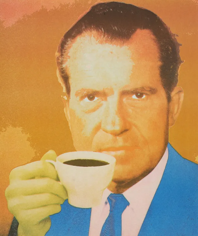 KJARTAN SLETTERMARK. Nixon med kaffekopp, litografi, signerad samt E A.