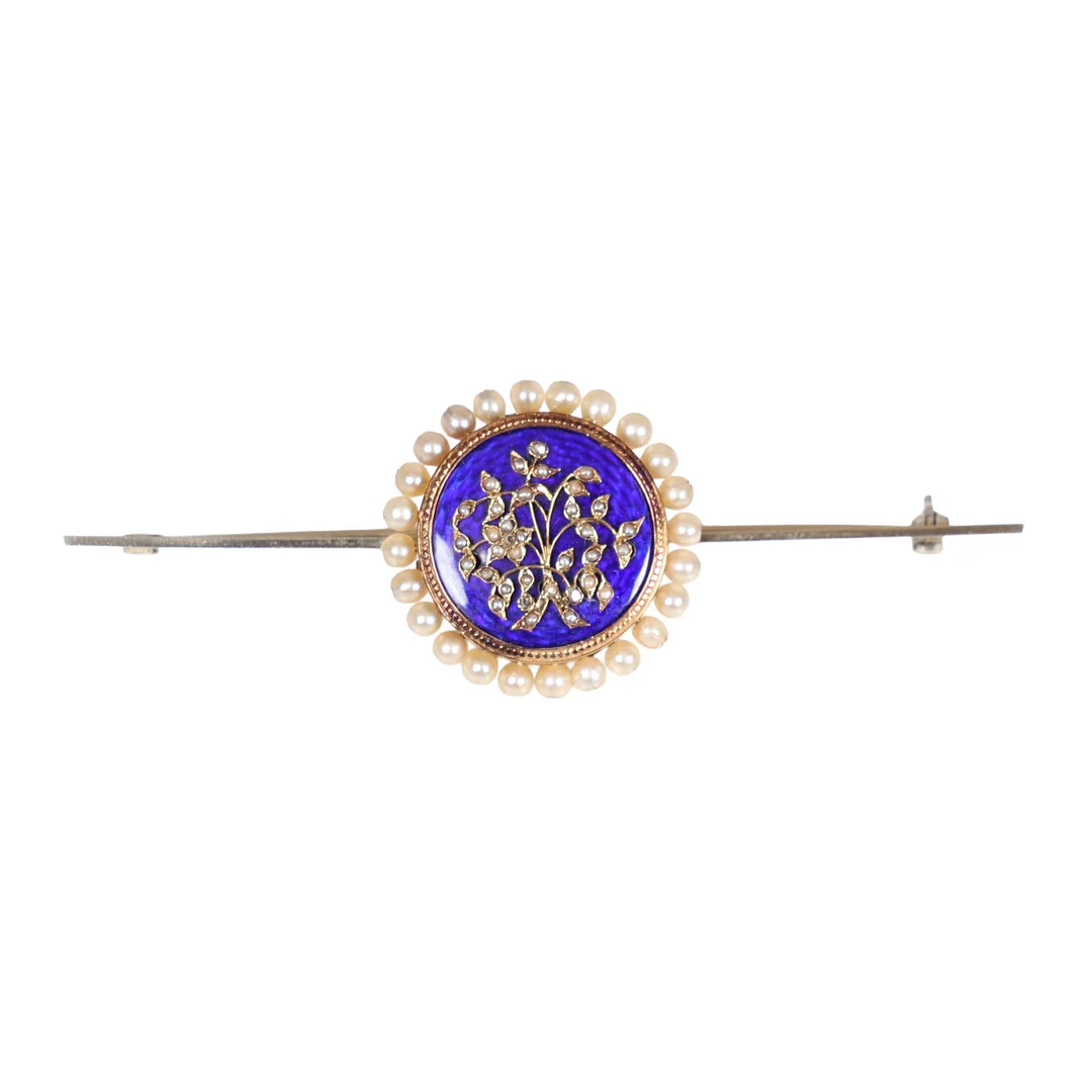 EARLY VICTORIAN ENAMEL, DIAMOND & PEARL BAR BROOCH. — Brooches & Pendants — Bishop & Miller