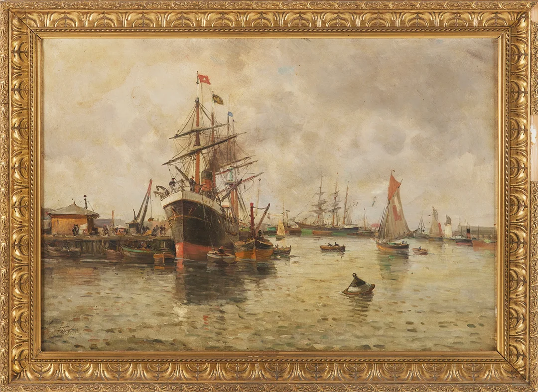 OIDENTIFIERAD KONSTNÄR. Hamnmotiv, oljemålning, otydligt signerad. — Paintings — Stockholms Auktionsverk Magasin 5