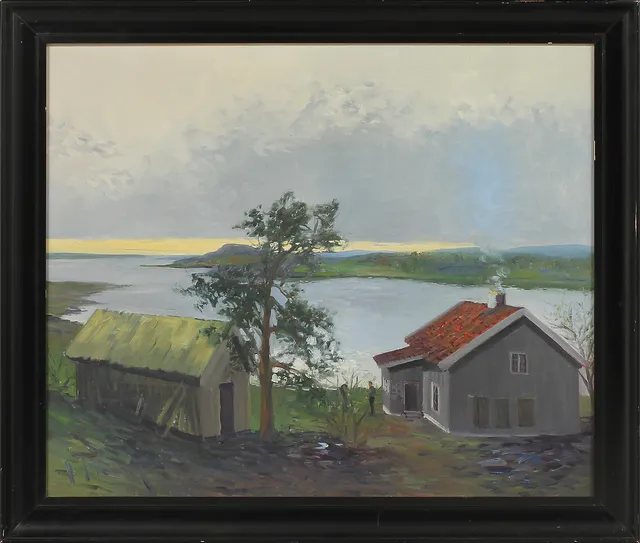 YO JOHANSSON. Landskap med hus, olja på duk, signerad.