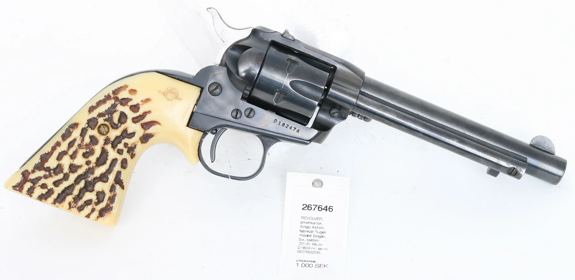 (363) REVOLVER, amerikansk, Singe Action, fabrikat Ruger, modell Single-Six, kaliber .22LR, tillv.nr D182474, se-nr SE0163209. — Revolvers — Mauritz Widforss