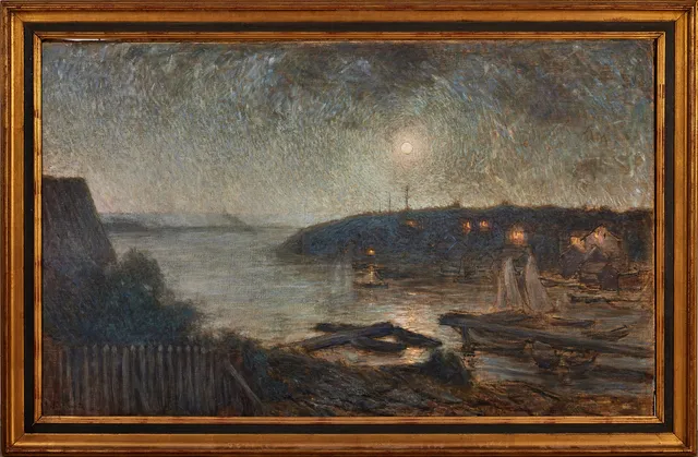 AXEL FAHLCRANTZ. Köpmanholm i månsken, olja på duk, 98x158 cm.