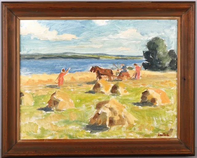 BERNHARD ÖNSTAD (1895-1981). Åkerarbete vid kusten, olja på duk.
