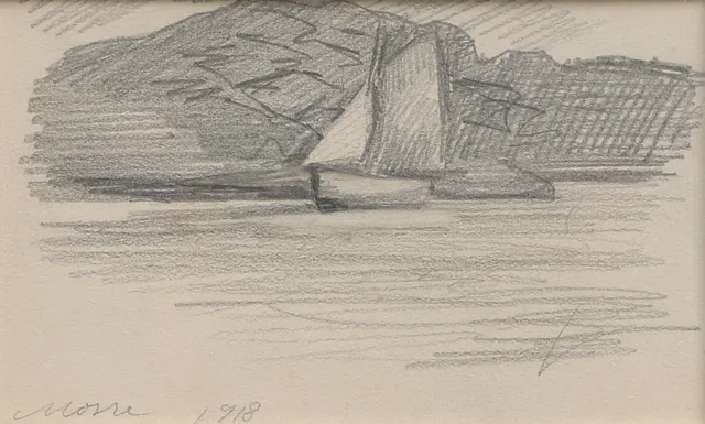 MOSSE STOOPENDAAL. Blyertsteckning, segelbåt, signerad Mosse och daterad 1918.