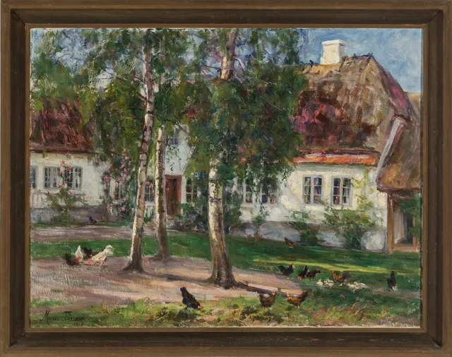 Tannæs, Marie — Gårdstun med høns, 1918