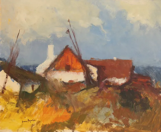 ARNE ASPELIN. Olja på pannå, landskap med hus, signerad.