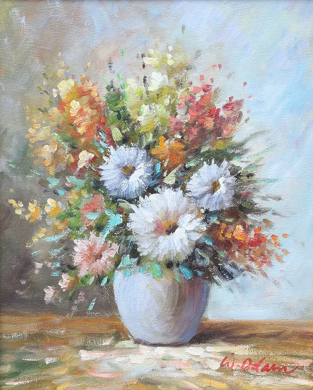 WALTER ADAMS. Olja på duk, blomsterstilleben, signerad.