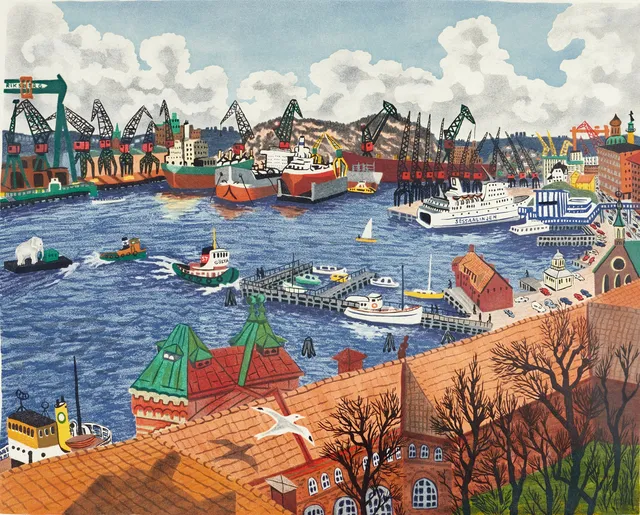 MONA HUSS WALLIN (född 1944), Göteborgshamn, 5 st, signerade och daterade M Huss W - 77, numrerade 452/460, färglitografier.