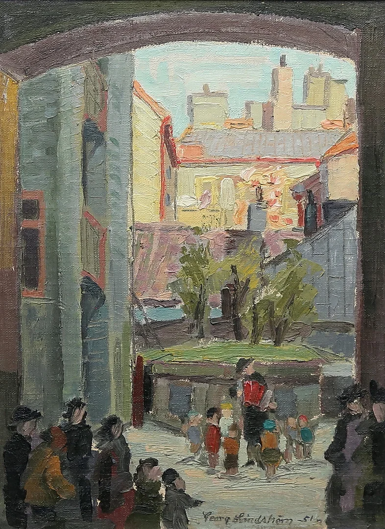 GEORG LINDSTRÖM. "Lilla Bruksgatan 2, Malmö", olja på pannå, signerad och daterad 51. — Paintings — Gomér & Andersson Linköping