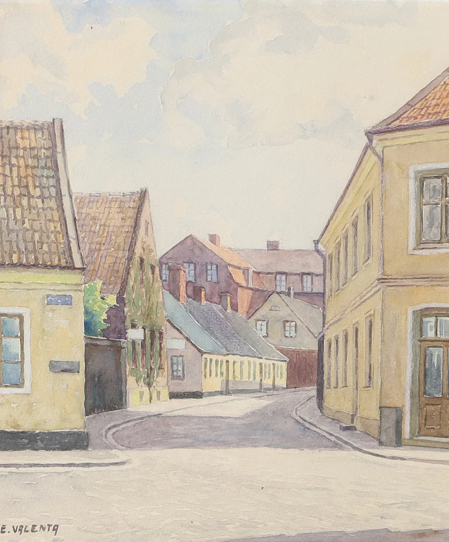 EDDIE VALENTA. Motiv från Lund, akvarell, signerad E. Valenta. — Paintings — Helsingborgs Auktionskammare