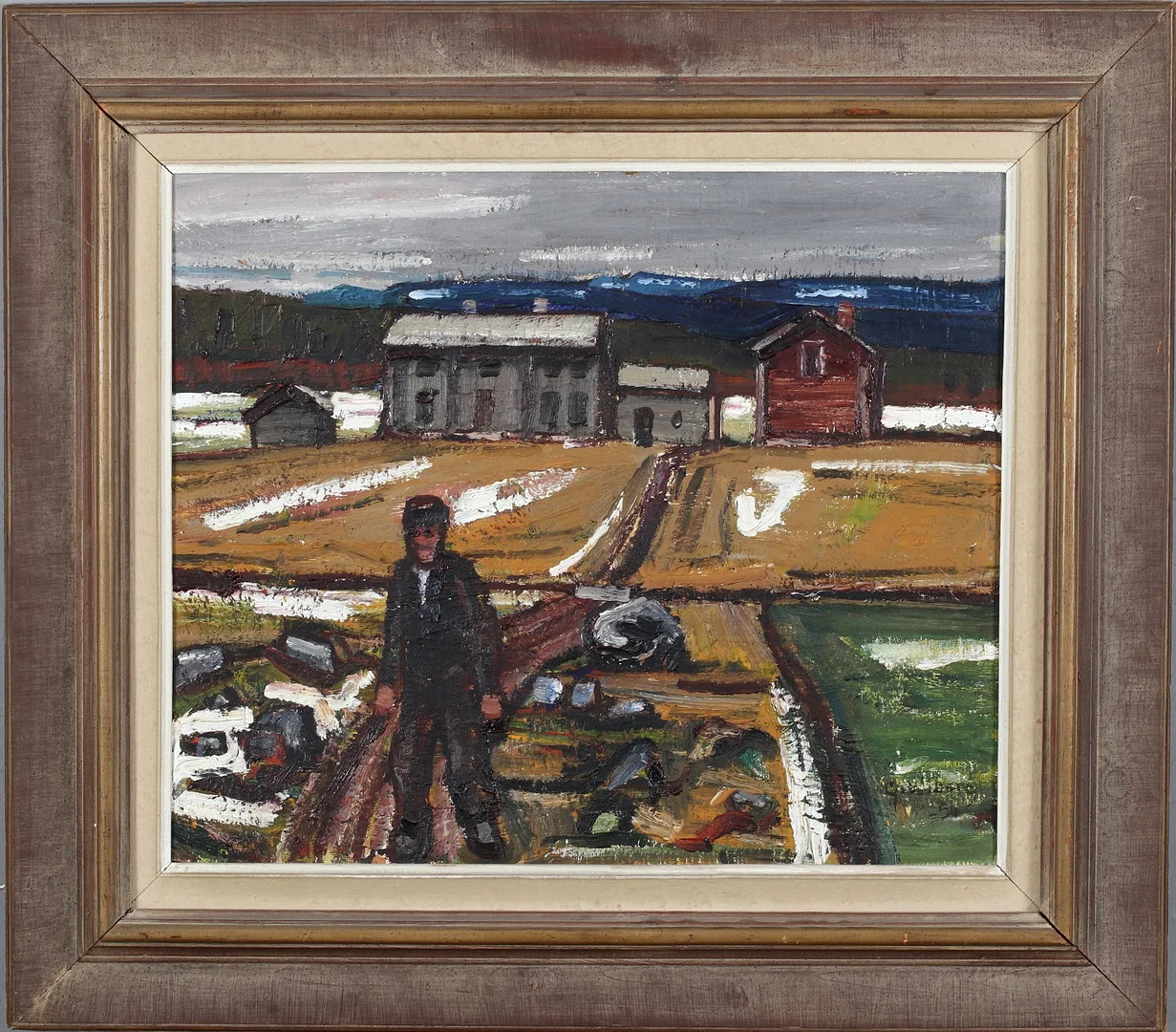 GUNNAR WIBERG. Gårdsmotiv med mansfigur, olja på pannå, signerad och daterad -50. — Paintings — Stadsauktion Sundsvall