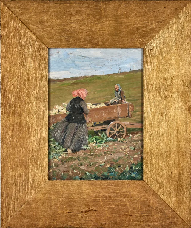 GUSTAF ANKARCRONA. Skördetid, olja på pannå, 27 x 19,5 cm.