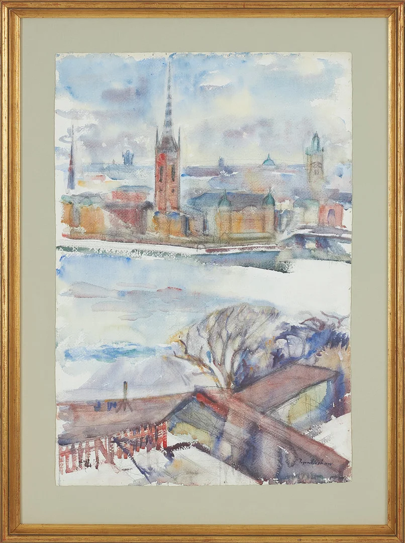 INGEGERD BESKOW. Stockholmsvy, akvarell på papper, signerad. — Paintings — Stockholms Auktionsverk Sickla