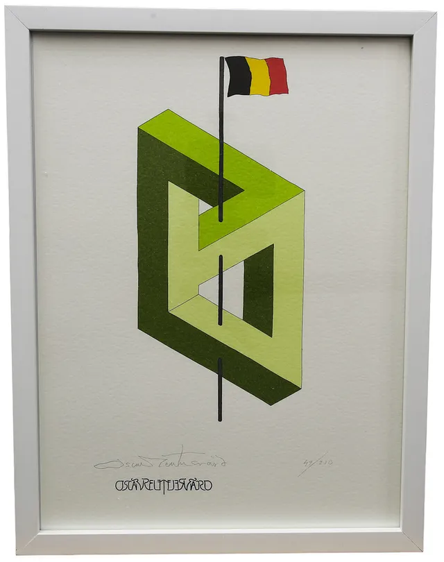 OSCAR REUTERSVÄRD. Färglitografi ur mappen "Fifteen European Impossible Figures". Belgien, numrerad 53/210, signerad.