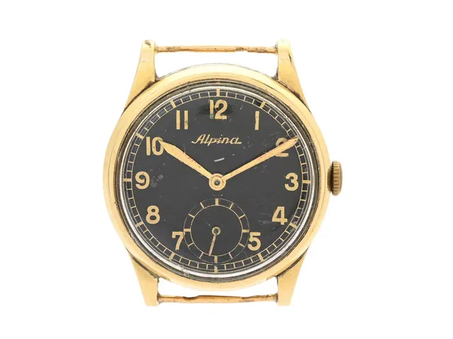 ALPINA, unisex, 28,5 mm, Cal 586, Verk nr. 1472, Boett nr. 111109, 14K guld, manuell, plexiglas, liten sekundvisare, skadad urtavla, defekt (går ej, akut servicebehov), fasta bandstift, ca 1945.
