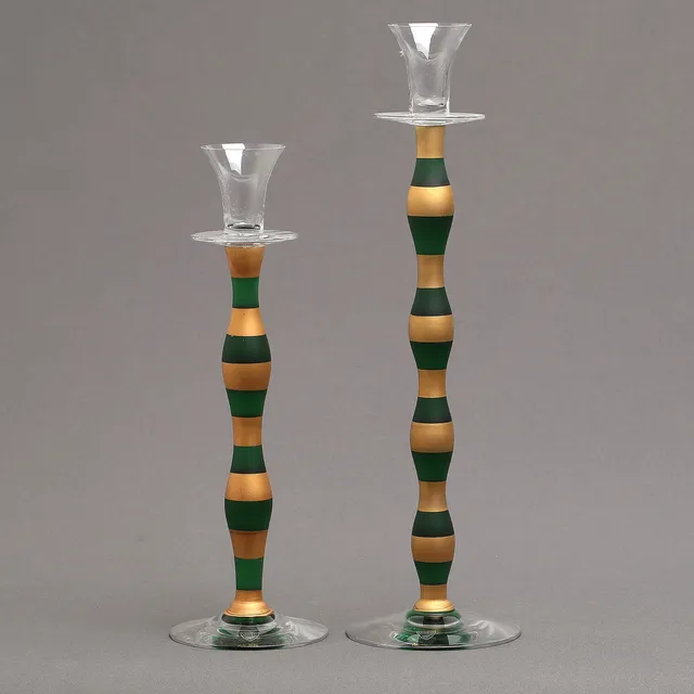 ANNE NILSSON. 2 st, glas, ljusstakar, "Celeste", Orrefors, grön/guld.