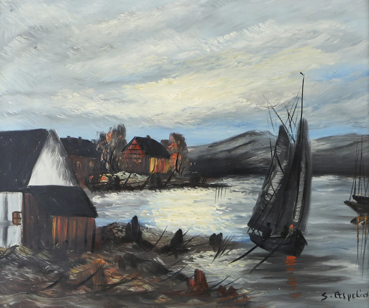 STIG ASPELIN. Kustparti med båt, olja på pannå, signerad S. Aspelin. — Paintings — Helsingborgs Auktionskammare
