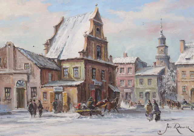JAN RAWICZ (1911-1979). olja på pannå, stadsmotiv i vinter.