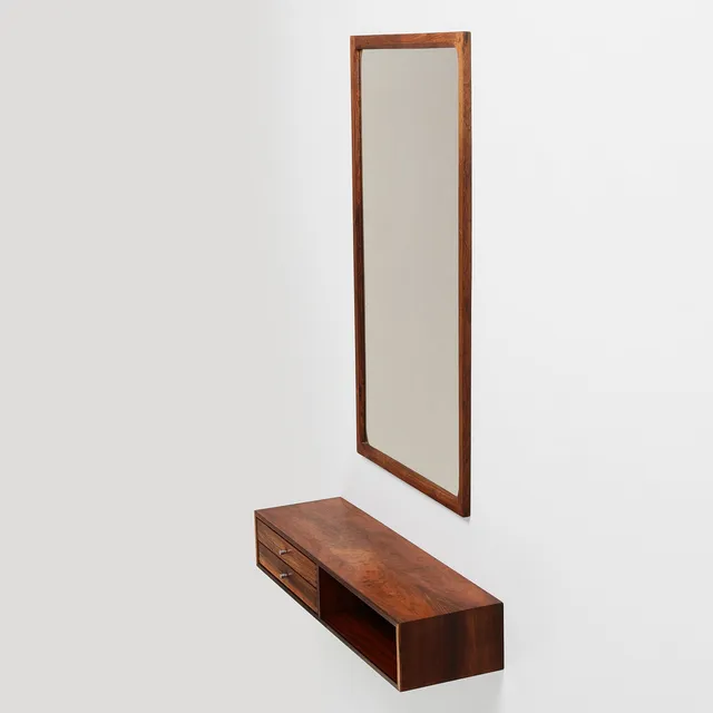 KAI KRISTIANSEN. Væghængt spejl og konsolbord , palisander, model 166 og 132, Aksel Kjersgaard, Odder, Danmark, 1960'erne. (2).