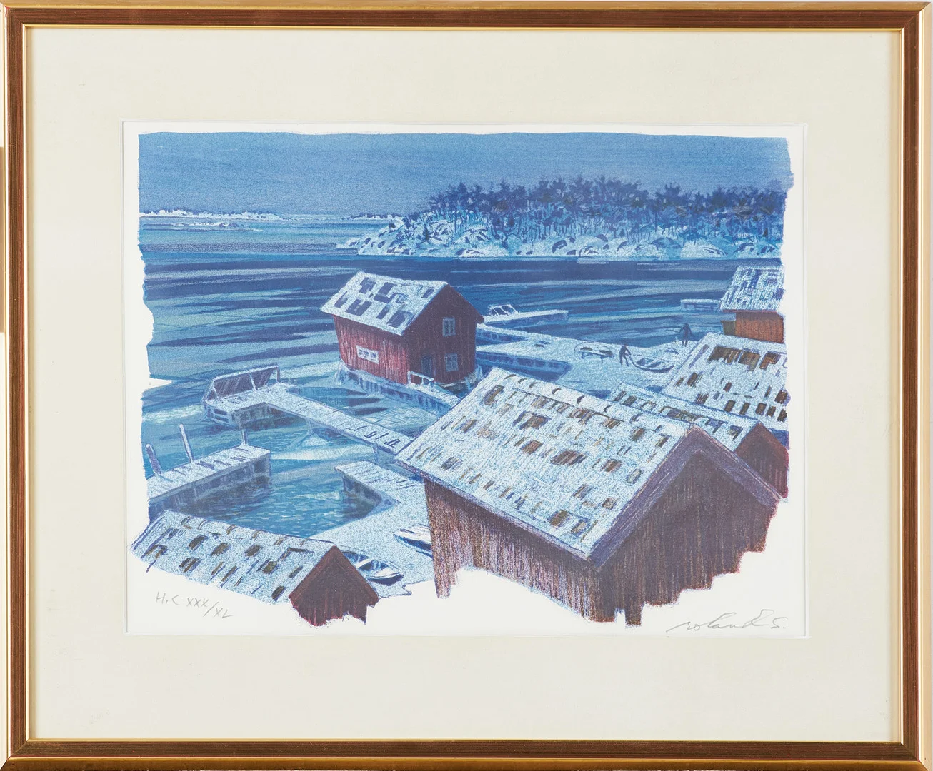 ROLAND SVENSSON (1910-2003): "Vinterskymning, Sandhamn", 1977, signerad roland S, H.C. XXX/XL, färglitografi. — Engravings & Prints — Stockholms Auktionsverk Magasin 5
